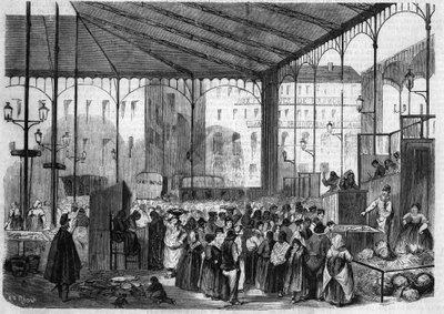 Pariisin keskustori: kalamarkkinat vuonna 1858. tekijältä Unknown artist