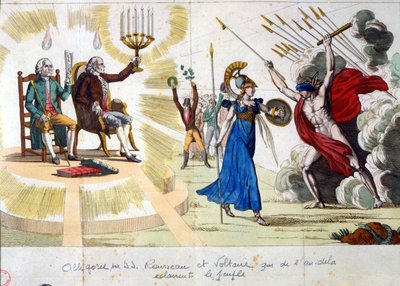 Lumieresin vuosisata: filosofit Jean Jacques Rousseau ja Voltaire valaisevat ihmisiä menneisyydestä - allegoria tekijältä Unknown artist