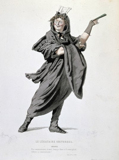 Crispinin hahmo Jean François Regnardin (1655 - 1709) teoksessa "Universal legatary" (1708). Kaiverrus 1800-luvulta. tekijältä Unknown artist