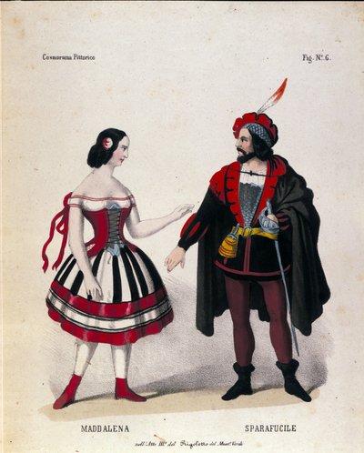 Maddalenan ja Sparafucilen hahmot säveltäjä Giuseppe Verdin (1813-1901) oopperan Rigoletto III näytöksessä tekijältä Unknown artist