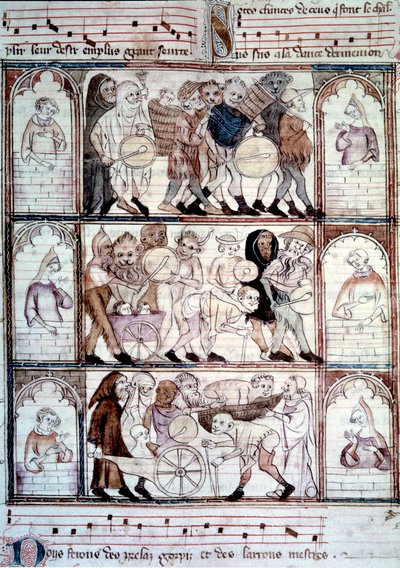 Charivari-juhla Fauvelin häihin. Muusikoiden ja transvestiittien kulkue. Miniatyyri Gervais du Busin (Gerves du Bus) käsikirjoituksesta "Le roman de fauvel" tekijältä Unknown artist