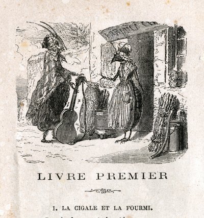 Cicada ja muurahainen. La Fontainen satu. 1800-luvun kaiverrus. tekijältä Unknown artist