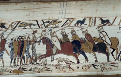 Normandian herttua William Valloittajan (1027-1087) valloittanut Englannin vuonna 1066: kohtaus Hastingsin taistelusta, joka vastusti normannin jalkaväkeä saksin ratsuväkeä vastaan. Yksityiskohta Bayeux