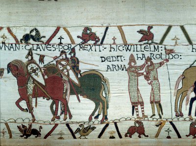 Normandian herttuan William Valloittajan (1027-1087) Bretagnen valloitus: vasemmalla herttua saa Dinanin kaupungin avaimet, oikealta hän tekee ritari Haroldin, jonka lähetti Englannin kuningas Edward Tunnustaja Detail. kuvakudoksen tekijältä Unknown artist