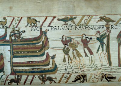Normandian herttua William Valloittajan (1027-1087) armeija valloitti Englannin: tuskin rakennettuja laivoja lasketaan merelle Yksityiskohta Bayeux
