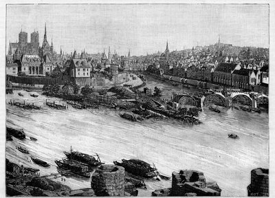 Pont Neufin rakentaminen Pariisissa, joka kulkee Square du Vert-Galantin läpi Ile de la Citen päässä. Ensimmäiset teokset vuonna 1578. Kaiverrus "" Le Monde illustrious"" tekijältä Unknown artist