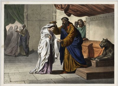 Esterin kruunaus: Persian kuningas Assverus 1st (Xerxes 1st) kruunaa vaimonsa Esterin. Anonyymi kaiverrus 1800-luvulta. tekijältä Unknown artist