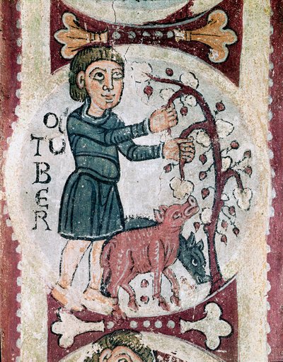 Kuukausien kierto: lokakuu: tammenterhojen kokoelma. Yksityiskohta 1100-luvun freskosta San Isidoron Real Colegiata (Royal Collegiale of Saint Isidore) kuninkaallisesta panteonista. Leon. tekijältä Unknown artist