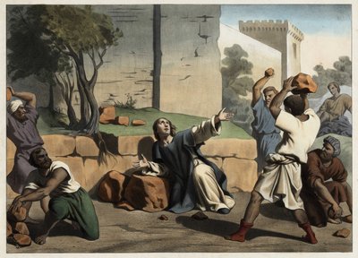 Pyhän Stefanoksen kuolema: Juutalaisten kivittämä Pyhä Stefanus pidetään ensimmäisenä kristittynä marttyyrina. Anonyymi kaiverrus 1800-luvun puolivälistä. tekijältä Unknown artist