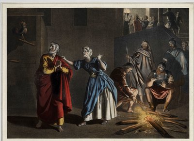 Pyhän Pietarin kieltäminen: kuten Kristus oli ennustanut, Pyhä Pietari kieltää Kristuksen kolme kertaa, kun kukko ilmoittaa päivän. Anonyymi kaiverrus 1800-luvun puolivälistä. Anonyymi kaiverrus 1800-luvun puolivälistä. tekijältä Unknown artist