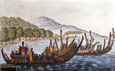 Tyynenmeren polynesialaisten osasto kaksoisrunkoisten kanoottien kyydissä. Litografia 1800-luvun alusta tekijältä Unknown artist