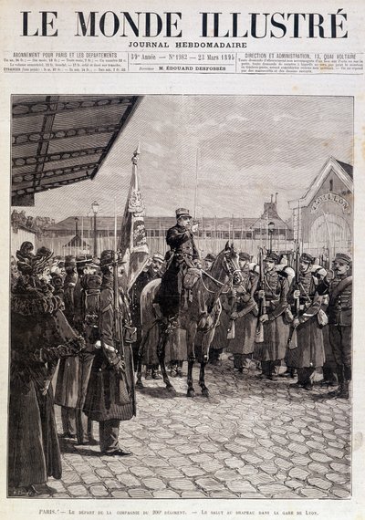 200. rykmentin komppanian lähtö. Tervehdys Gare de Lyonin lipulle. "" Kuvitettu maailma"". 23/03/1895. Piirustus. tekijältä Unknown artist