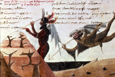 Paholaiset helvetin ympyrässä Dante Alighierin (1265 - 1321) 1300-luvun käsinkirjoitetun Divina Commedian (Divine Comedy) jälkeen. Bibl.Trivulziana Milan. tekijältä Unknown artist