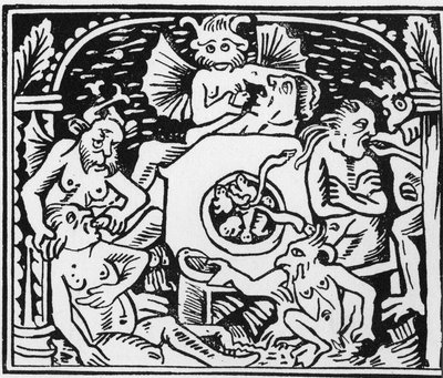Paholaisen kiduttajat pakottavat rupikonnat ja käärmeet ahmatioiden luo - "" Grand Calendrier et Compost des Bergers", Lyon tekijältä Unknown artist