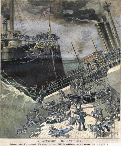 Taistelulaivan "Victoria" katastrofi vuonna 1893. Amiraali Tryonin ja 359 upseerin ja englantilaisen merimiehen kuolema tekijältä Unknown artist