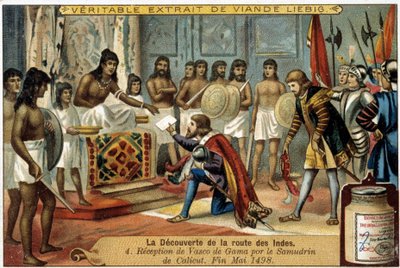 Intian reitin löytäminen: Vasco da Gaman vastaanotto Calicutin Samudrinin toimesta, toukokuun lopussa 1498 - mainosvinjetti Liébig tekijältä Unknown artist