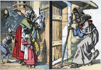Naamiaissusi koputtaa talon oveen vuohen ja bikettien kanssa. Kuva tarinasta "Compere le Loup, Maitre Renard, Comere la Chevre et ses petits biquets" Jean de la Fontainen tarun mukaan. Kirjassa "" Tales from the home for the litt tekijältä Unknown artist