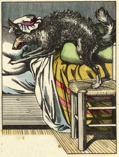Naamiaissusi ottaa isoäidin paikan sängyssä. Kuvitus Charles Perraultin tarinasta "Punahilkka". tekijältä Unknown artist