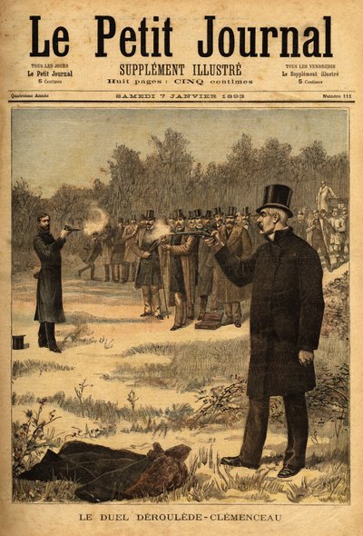 Kaksintaistelu pistoolilla (kielletty Ranskassa vuodesta 1626) varajäsenten Paul Derouleden (1846-1914) ja Georges Clemenceaun (1841-1929) välillä, ei haittaa. Kaiverrus "" Le petit Journal" -lehdessä 7/01/1893. Selvan kokoelma. tekijältä Unknown artist