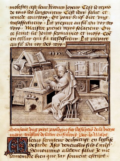 Kirkollinen, kirjailija ja kääntäjä Jean Mielot (kuoli 1472) edustaa työskentelyä toimistossaan Sivu 1400-luvun käsikirjoituksesta. Paris, B.N. tekijältä Unknown artist