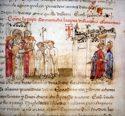 Firenzen ja firenzeläisten ekskommunikaatio vuonna 1375 - "Croniche del Sercambissa", noin 1400. tekijältä Unknown artist