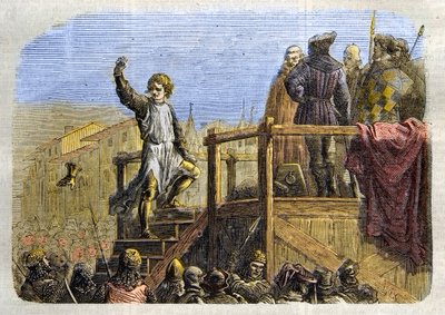 Sisilian kuninkaan Conradinin (tai Conrad of Hohenstaufenin) ja Swabian herttuan (1252-1268) teloitus Charles Anjoun käskystä Tagliacozzon taistelun jälkeen vuonna 1268” (Conradinin (tai Conrad nuoremman), viimeisen Staufer-kuninkaan teloitus Sisilian perä tekijältä Unknown artist