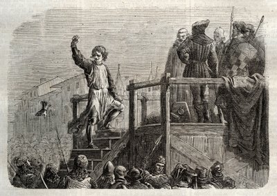Sisilian kuninkaan Conradinin (tai Conrad of Hohenstaufenin) ja Swabian herttuan (1252-1268) teloitus Charles Anjoun käskystä Tagliacozzon taistelun jälkeen vuonna 1268” (Conradinin (tai Conrad nuoremman), viimeisen Staufer-kuninkaan teloitus Sisilian perä tekijältä Unknown artist