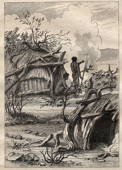 Kapteeni Etienne Marchandin (1755-1793) retkikunta maailman ympäri (1790-1792): Enddachtin maan (Australia) alkuperäiskansojen mökit - kuva otettu teoksesta "1700-luvun suuret merenkulkijat" tekijältä Unknown artist