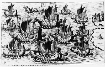 Christopher Columbuksen (Cristoforo Colombo) laivasto uuden maailman valloittamiseksi - Philoponus Honoriusin "Uusi Tipus uuden maailman matkan jälkeen" tekijältä Unknown artist