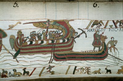 Haroldin laivasto, joka tuli ilmoittamaan Normandian herttua William Valloittajalle (1027-1087), että hänestä tulee Englannin kruunun seuraaja Edoaurd Tunnustajan kuoltua, jää myrskyyn, joka heittää sen rannikolle. kreivi Guy de P tekijältä Unknown artist