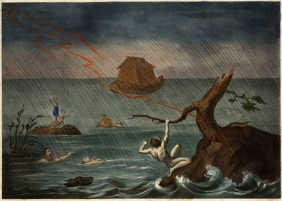 Vedenpaisumus ja Nooan arkki kaukaisuudessa. Anonyymi kaiverrus 1800-luvun puolivälistä. tekijältä Unknown artist