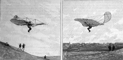 Saksalaisen ilmailun pioneerin Otto Lilienthalin (1848-1896) lentävä lentokone kahdessa eri asennossa (pikakuvasta). Kaiverrus "" La Nature: revue des sciences et de leurs applications aux arts et a l