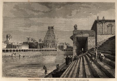Chillambaran-pagodin ghaut tai pyhä lampi, joka sijaitsee Bengalinlahdella, lähellä Pondicheryä (Pondicherry) (Intia); Jotkut fideles laskeutuvat monumentaalista portaikkoa pitkin kylpemään tai suorittamaan puhdistavia pesuja. Kaiverrus havainnollistamaan  tekijältä Unknown artist