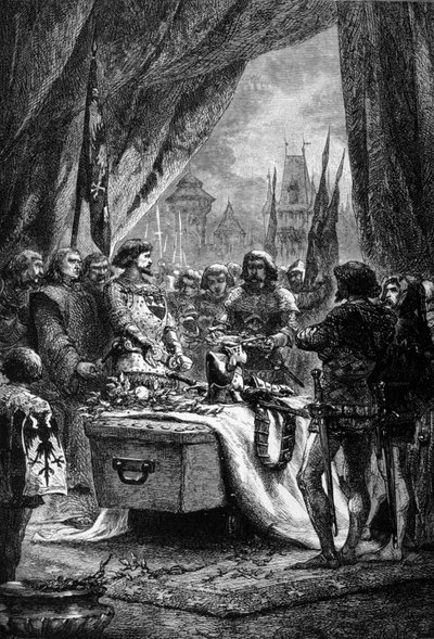 Kuvernööri asetti Chateauneuf de Randonin avaimet Bertrand Du Guesclinin (1320 - 1380), bretonilaisen sotamiehen ja ranskalaisen englantilaisia vastaan ​​patriootin arkkuun. Kaiverrus 1800-luvulta. tekijältä Unknown artist