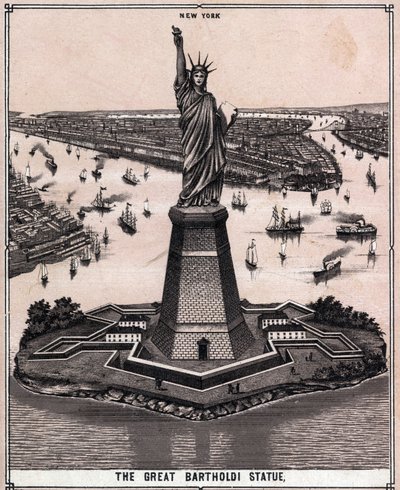 Suuri Bartholdi-patsas New Yorkissa, USA:ssa ”Maailma havainnollistaa 168 näkymää” Päiväämätön (1800-luvun loppu) tekijältä Unknown artist