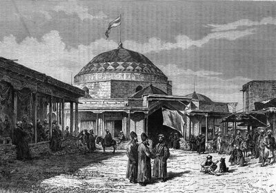 Suuri Samarkandin basaari (Samarqand tai Samarkand) Uzbekistanissa 1800-luvulla. Kaiverrus "" le journal de la Jeunesse "" vuodelta 1888. tekijältä Unknown artist