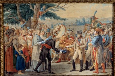 Wienin avainten luovutus Napoleon I:lle (1769-1821) Keisari palasi Itävallan pääkaupunkiin, jonka Fransois II Habsburg jätti autiolle 14.11.1805. 1800-luvun kuvakudos. Ile D