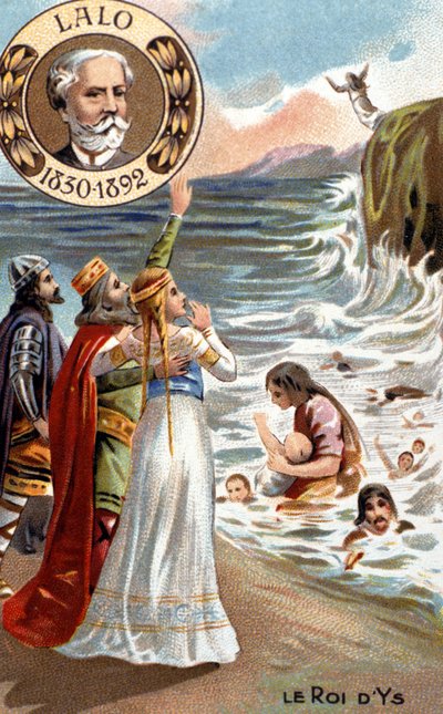 Ys:n kuningas, legendaarinen Bretagnen kaupunki, jonka aallot olisivat olleet 4. tai 5. vuosisadalla. Edouard Lalo (1823 - 1892), joka on edustettuna vasemmassa yläkulmassa, sävelsi oopperan "King of Ys" (1888). kromolitografia 1800-luvulta. tekijältä Unknown artist