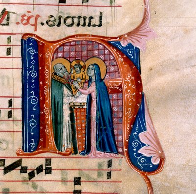 Kirjain "N", joka kuvaa esitystä temppelissä: Antifonian f.36v tekijältä Unknown artist