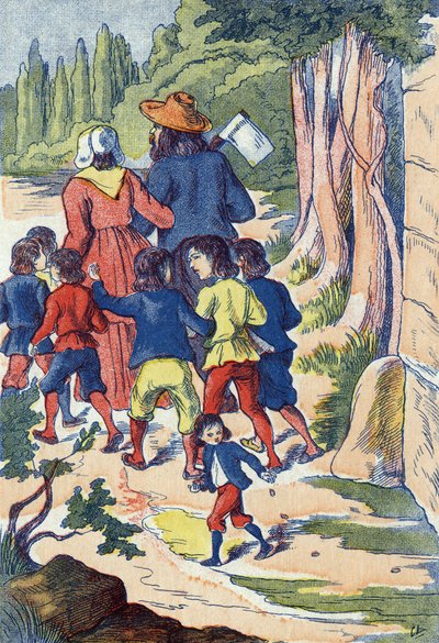 Pieni pussi kylvää kiviä tielleen. Kuvitus "" Le Pepetit poucet" -kirjaan, ranskalaisen kirjailijan Charles Perrault