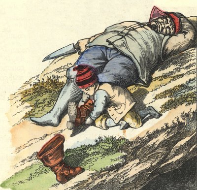 Pieni pussi varastaa saappaat 7 paikasta nukkuvalta ogrelta. Kuva Charles Perraultin tarinasta "" Le Petit Poucet". tekijältä Unknown artist