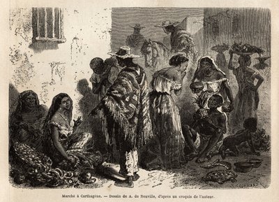 Cartagenan (Kolumbia) marssi kaupungin esikaupunkialueella, jossa käyvät pääasiassa mustat, metit ja intiaanit. Kaiverrus havainnollistamaan matkaa New Granadaan, tohtori Saffray, vuonna 1869, julkaistu "" Le tour du monde""" 1872, toimittanut Edouard Char tekijältä Unknown artist