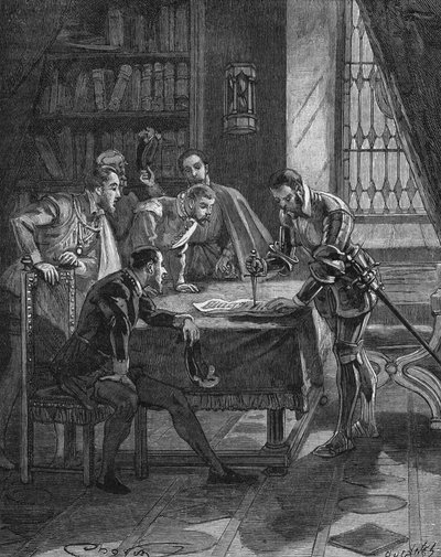 Vieillevillen marekaali istutti tikarinsa patenttiin, jolla Ranskan kuningas Henrik II (1519-1559) antoi hänelle ja huoneessa läsnä oleville viidelle herralle oikeuden kaikkien Guiennen, Limousinin ja Quercyn lainahaiden ja luterilaisten takavarikoimiseen. tekijältä Unknown artist