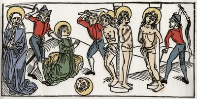Pyhän Feliciten ja hänen seitsemän Rooman poikansa marttyyrikuolema Kaiverrus "Leben der Heiligen - sommerteil" (Pyhän kirjasta) Jacobus (James) Voraginesta (1228-1298). Lyypekki 1488. tekijältä Unknown artist
