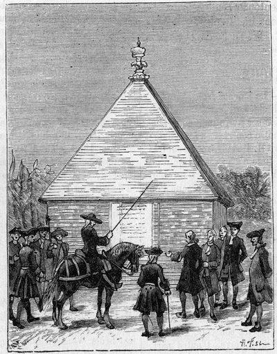 Ecuadorin asteen mitta 1700-luvulla: Carabouroun pyramidi Perussa, jonka La Condamine nosti vuonna 1736. Kaiverrus "" La Nature: revue des sciences et de leurs applications aux arts et a l