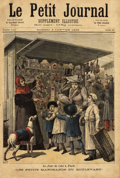 Kauppiaat ja heidän bulevardinäyttelynsä vuoden päivänä Pariisissa. Kaiverrus "" Le petit Journal" -lehdessä 2.1.1892. Selvan kokoelma. tekijältä Unknown artist