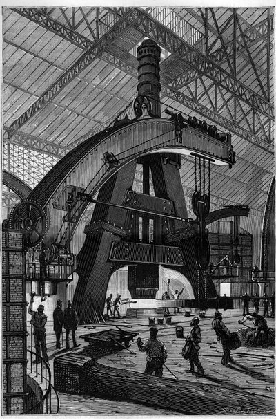 Metalliteollisuus: Forge. Creusot-höyryvasara (rumpuvasara) asennettuna Schneiderin ja Compagnien tehtaille. Kaiverrus "" La Nature"" tekijältä Unknown artist