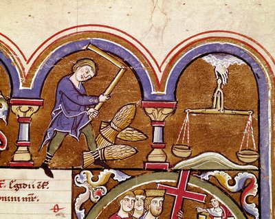 Syyskuu, maataloustyöt, sadonkorjuu, vehnän puinti kukkien kanssa Yksityiskohta käsikirjoitussivusta, joka on piirretty "" Pyhän Elisabetin psalteri" 1200-luvun Cividale, Museo Archeologico tekijältä Unknown artist