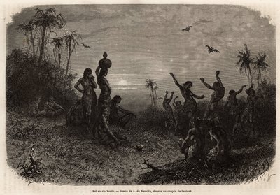 Moonlight ball, joka päättää 18-vuotisjuhlajuhlan ja nuoren intialaisen miehen häät Rio Verdestä (Brasilia). Kaiverrus havainnollistamaan matkaa New Granadaan, tohtori Saffray, vuonna 1869, julkaistu "" Le tour du monde""" 1873, toimittanut tekijältä Unknown artist