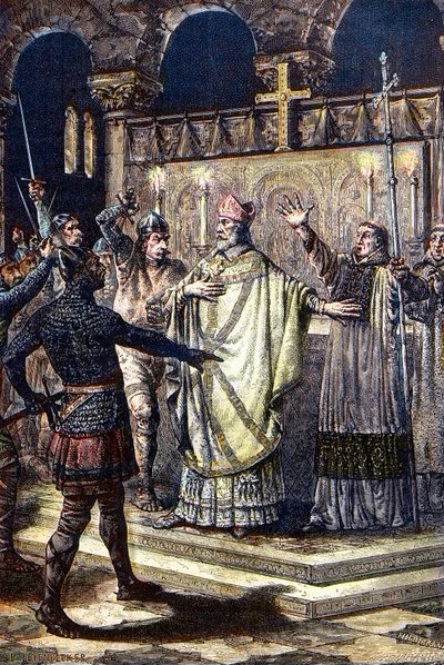 Pyhän Thomas Becketin murha Canterburyn katedraalissa 29. joulukuuta 1170, kun ritarit kuningas Henrik II:n hovista (puukaiverrus) tekijältä Unknown artist